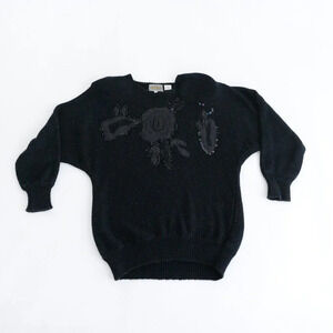 Vintage Diana Marco Black Beaded Floral Sequin Embellished Sweater 42/22w